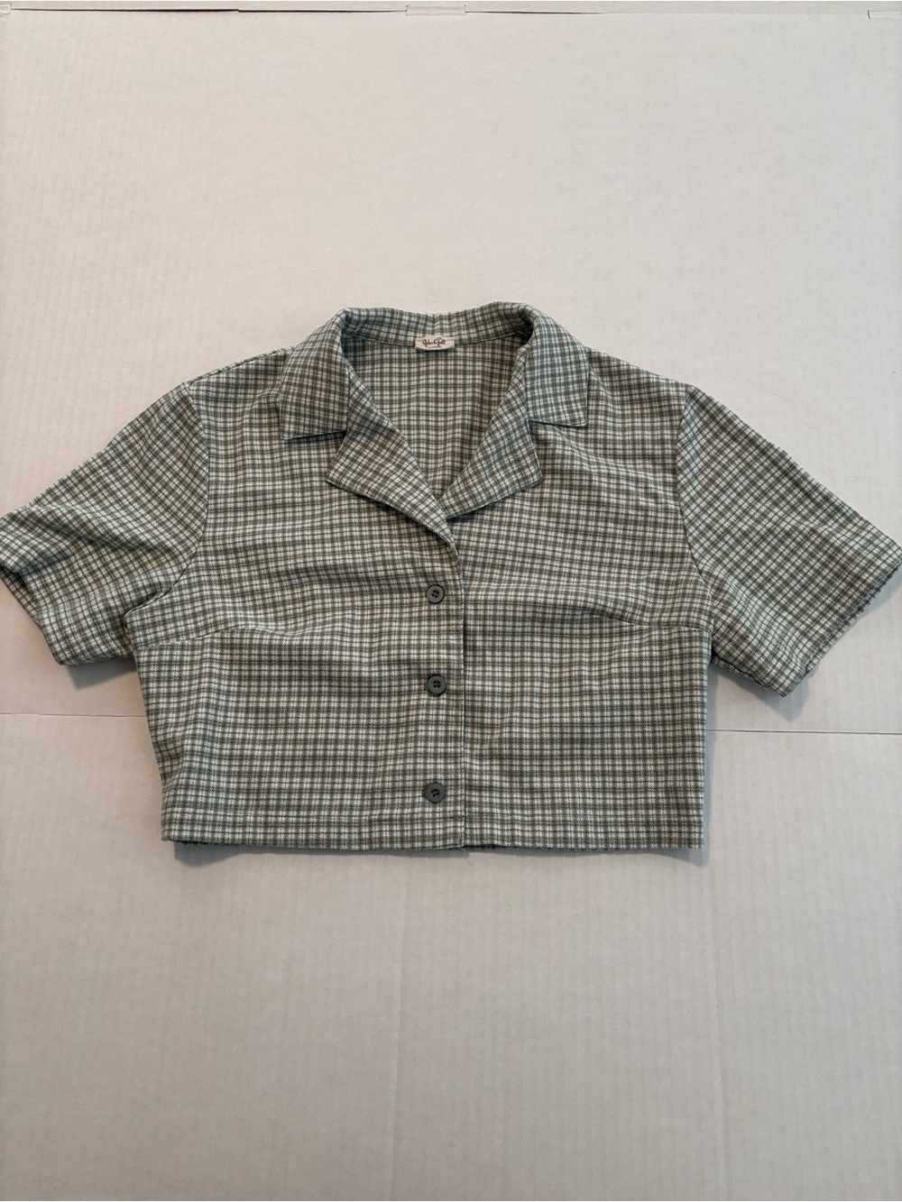 Cropped Plaid Button-Up Top in Sage Green
